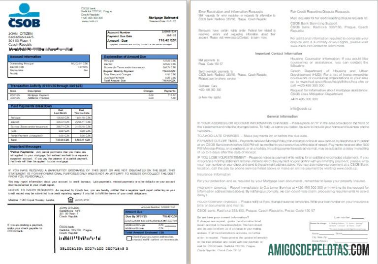 Extrato de hipoteca do banco tcheco ČSOB, 2 páginas, 1 2 Scr exemplo real
